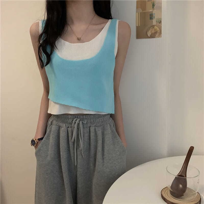 Top Mock Knit Piece Two Neck Scoop Tank