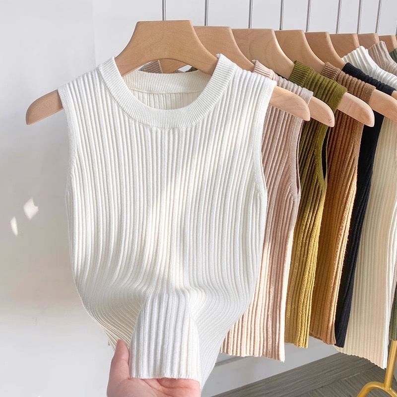 Neck Knit Tank Plain Ribbed Crew Top