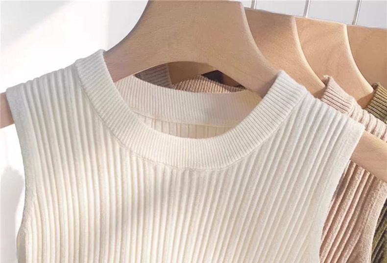 Neck Knit Tank Plain Ribbed Crew Top