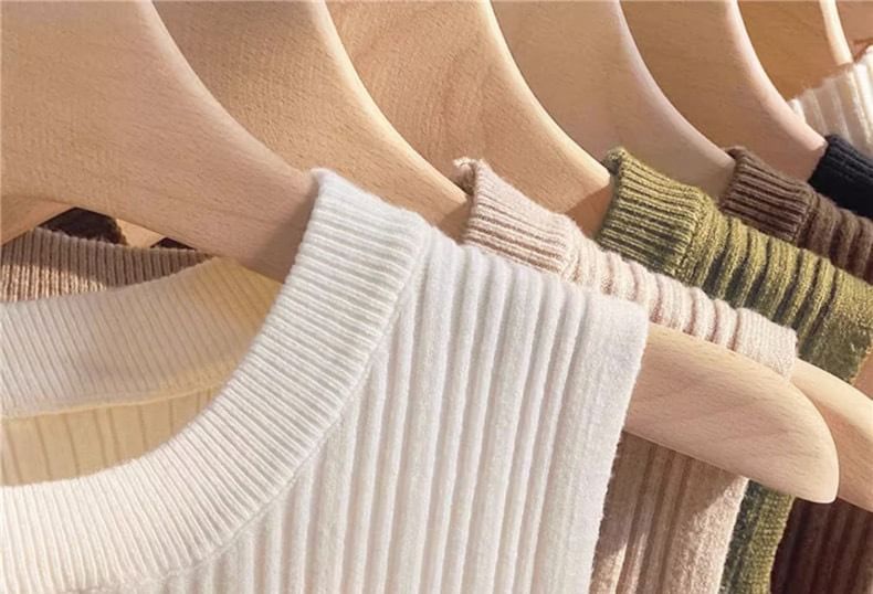 Neck Knit Tank Plain Ribbed Crew Top
