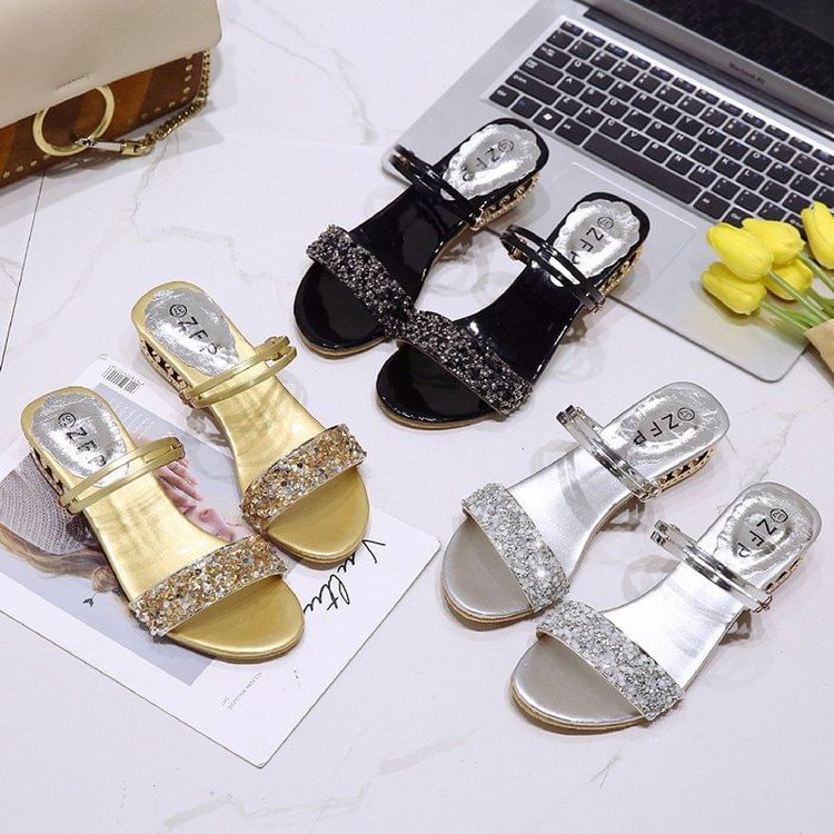 Low Sequin Heel Sandals