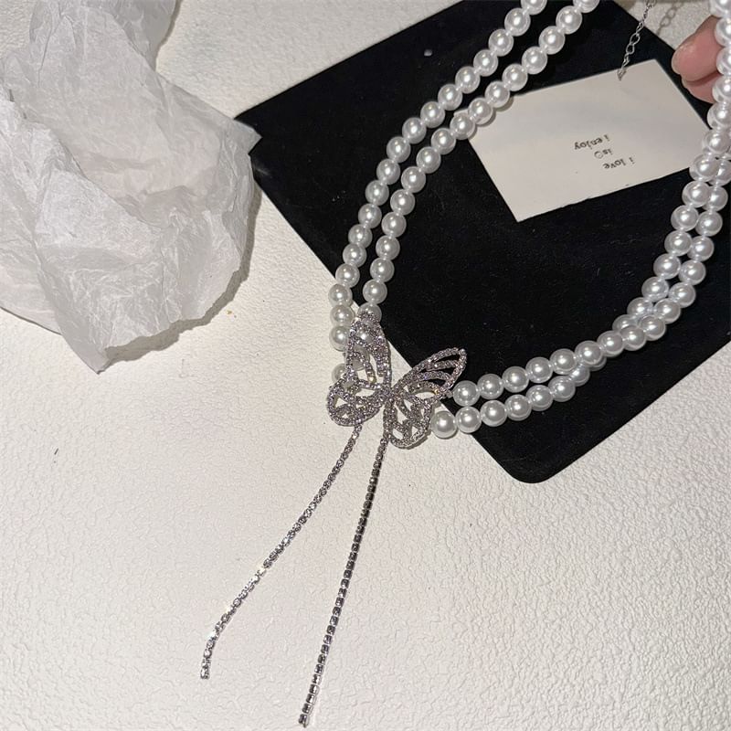 Rhinestone Butterfly Alloy Choker Faux Pearl