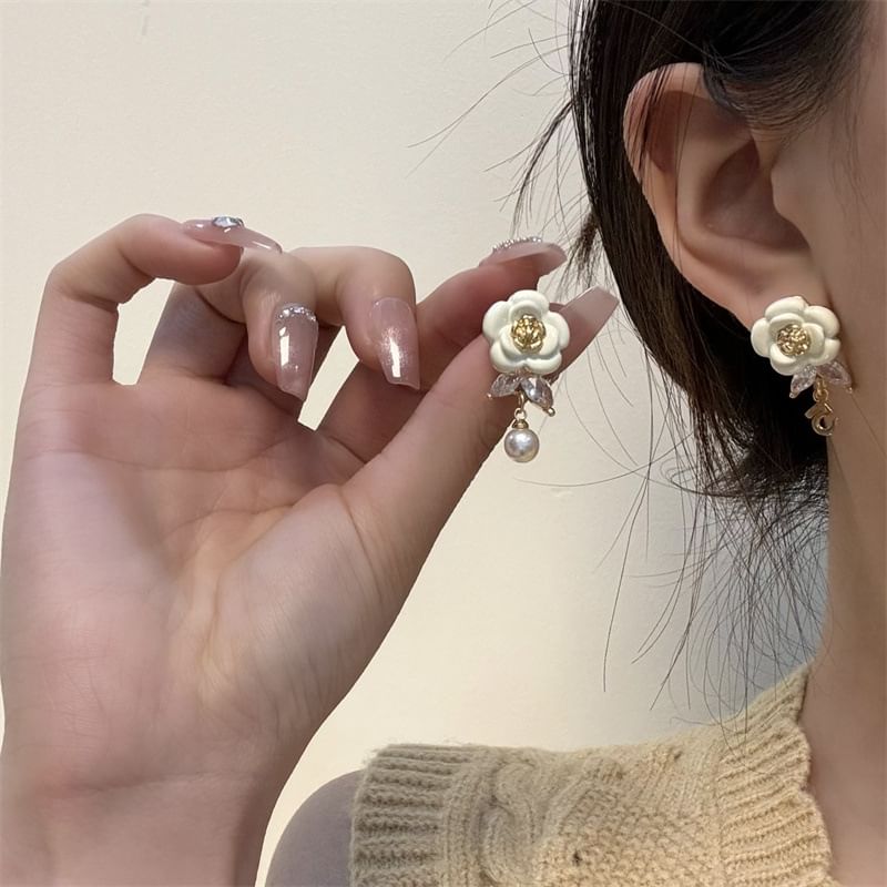 Drop Floral Alloy Earring Faux Pearl