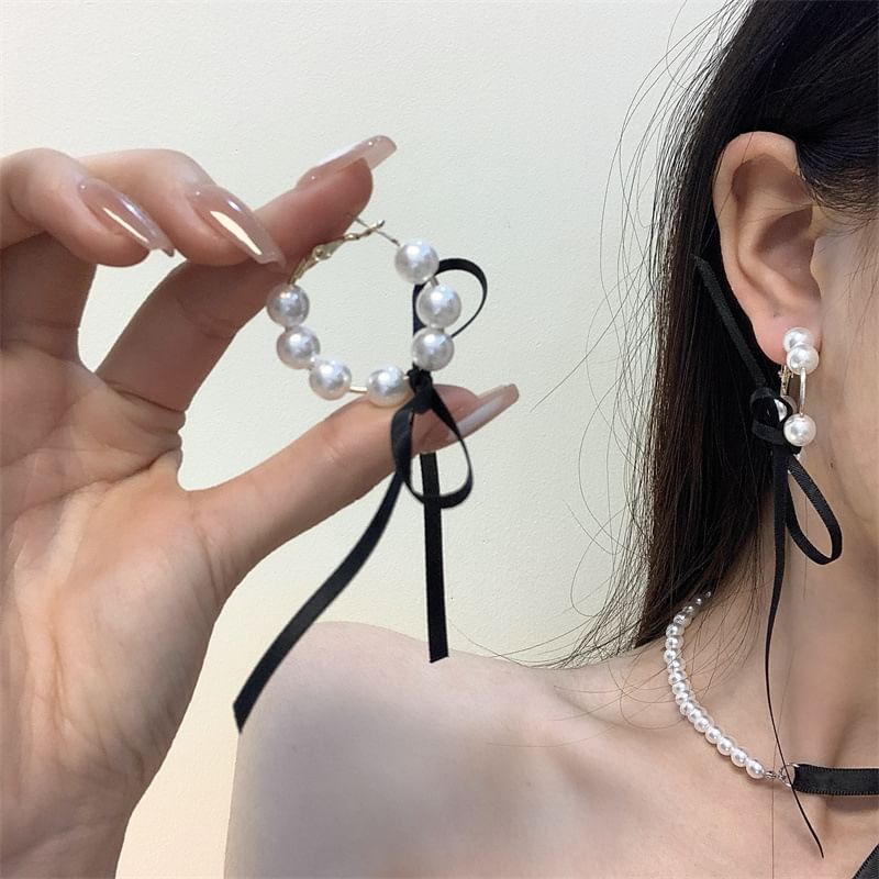 Choker Bow Pearl / Hoop Earring Faux