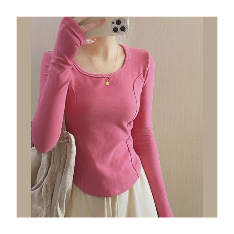 Asymmetrical T-Shirt Scoop Long-Sleeve Plain Neck