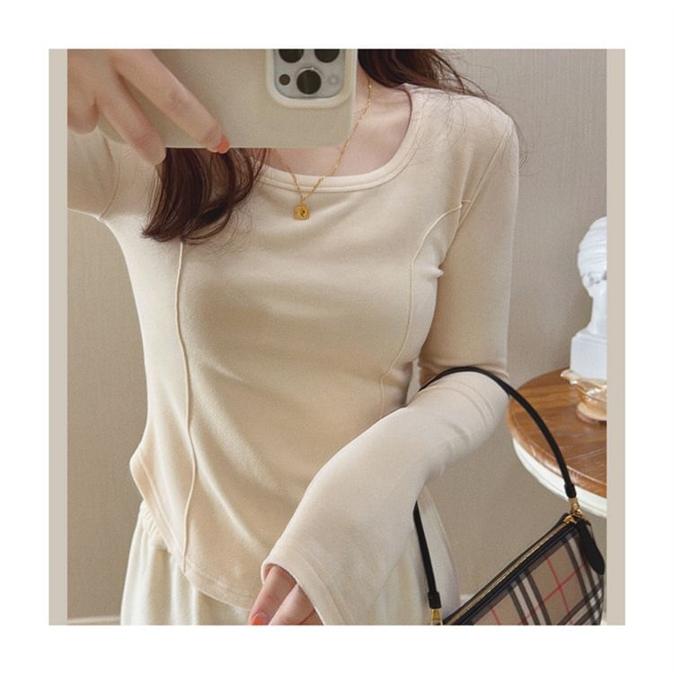 Asymmetrical T-Shirt Scoop Long-Sleeve Plain Neck