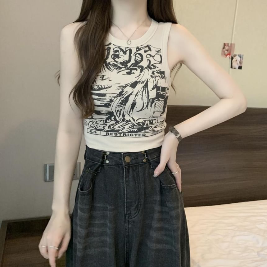 Tank Crop Print Neck Round Top Graphic