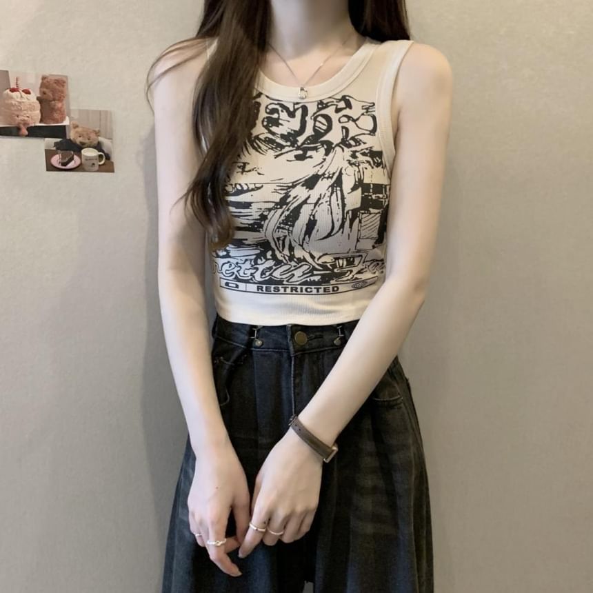 Tank Crop Print Neck Round Top Graphic