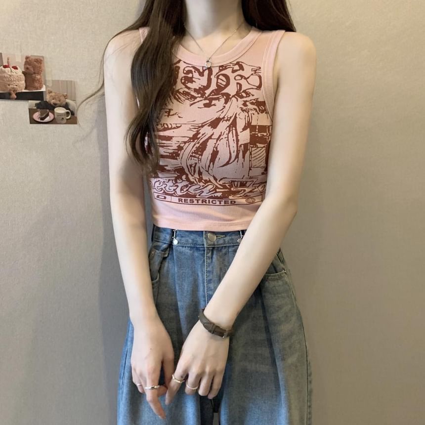 Tank Crop Print Neck Round Top Graphic