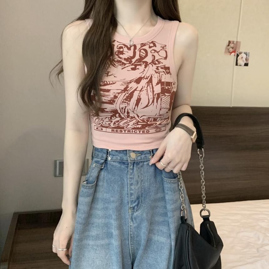 Tank Crop Print Neck Round Top Graphic