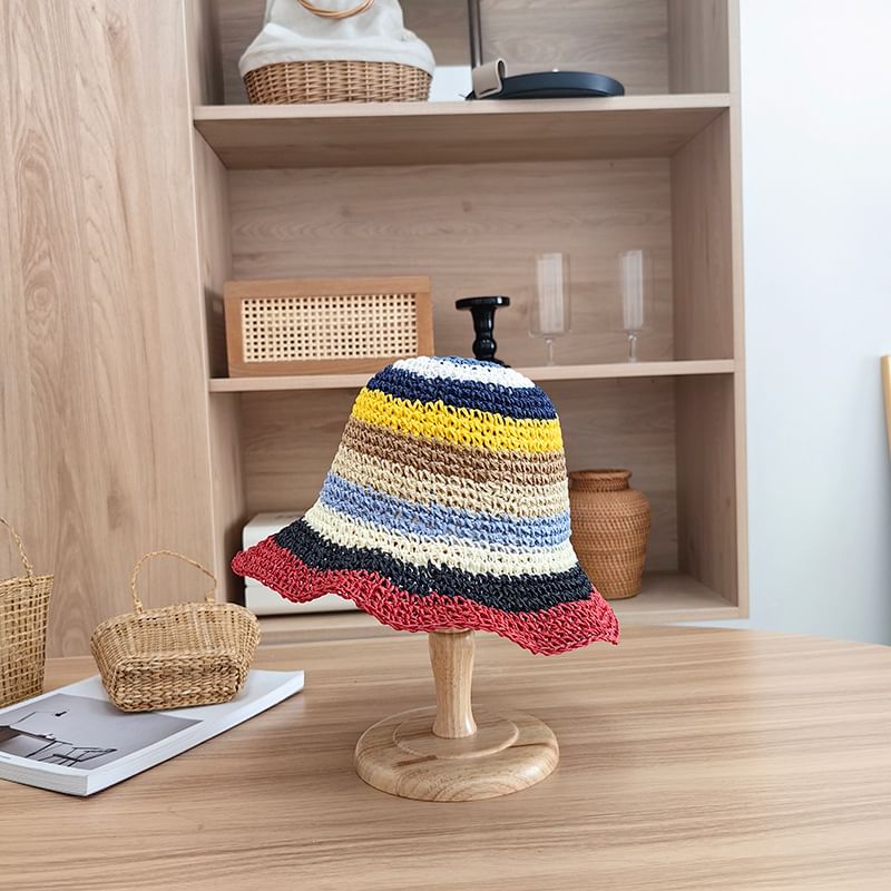 Hat Straw Striped Bucket