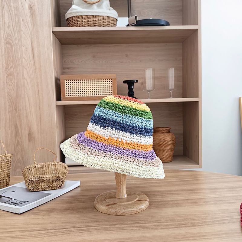 Hat Straw Striped Bucket