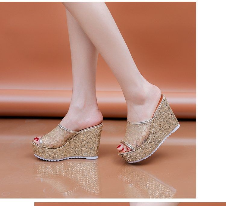 Wedge Slide Sandals Glitter Plain
