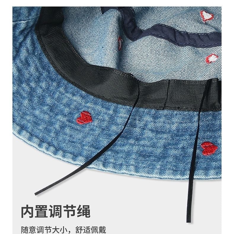 Denim Embroidered Hat Washed Heart Bucket