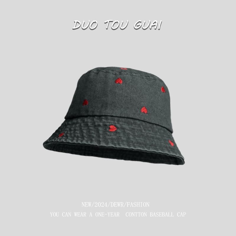 Denim Embroidered Hat Washed Heart Bucket