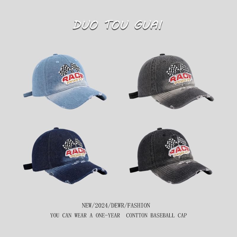 Denim Baseball Embroidered Distressed Washed Lettering Cap