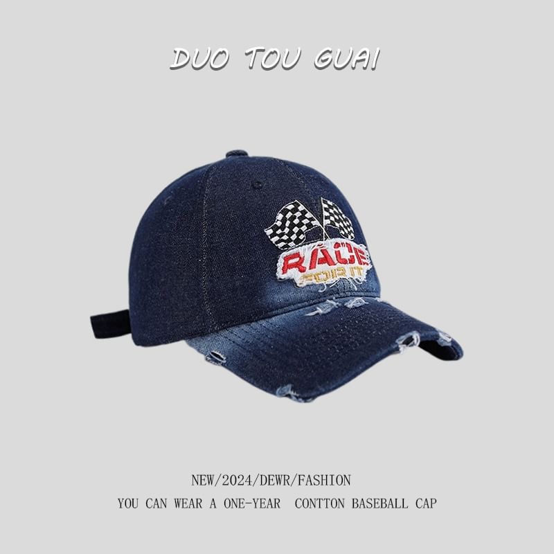 Denim Baseball Embroidered Distressed Washed Lettering Cap