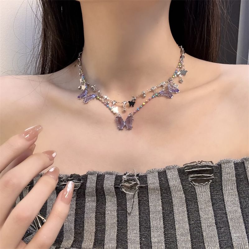 Faux Crystal Layered Fringed Necklace Butterfly