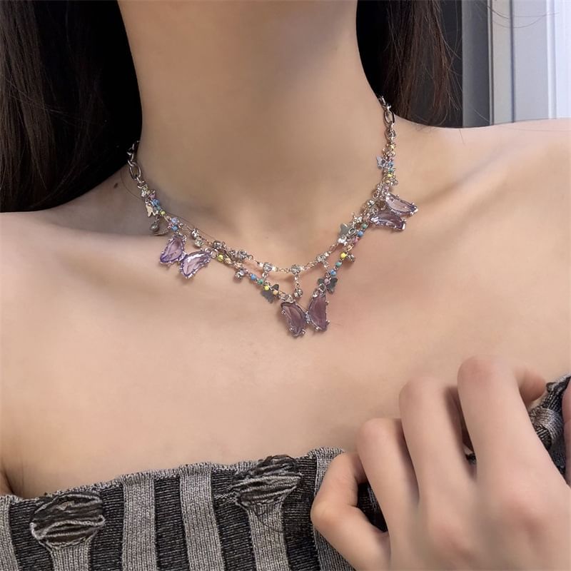 Faux Crystal Layered Fringed Necklace Butterfly