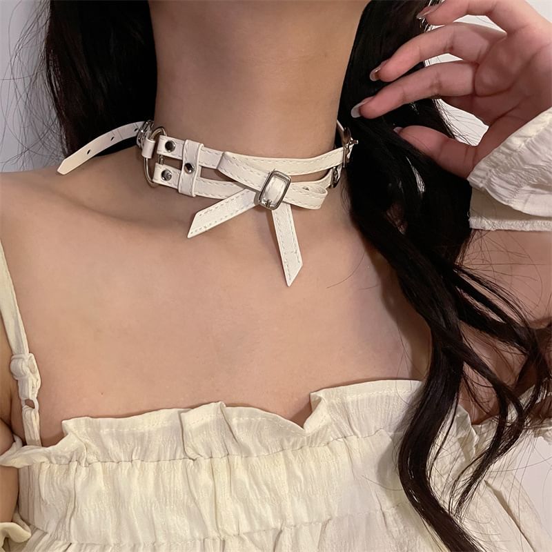 Leather Choker Bow Faux Layered