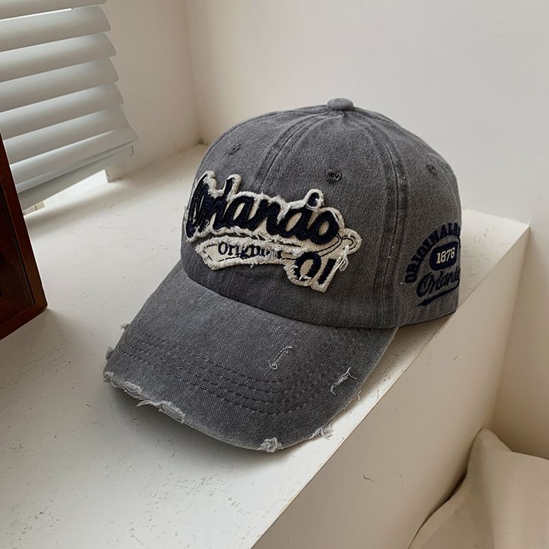 Lettering Cap Washed Distressed Applique Baseball