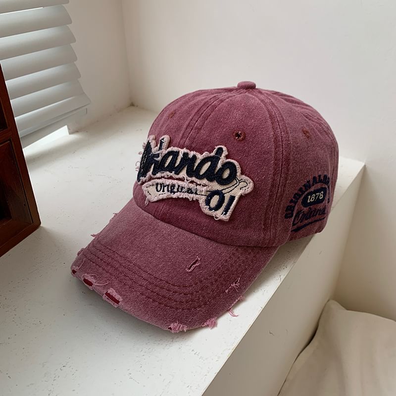Lettering Cap Washed Distressed Applique Baseball