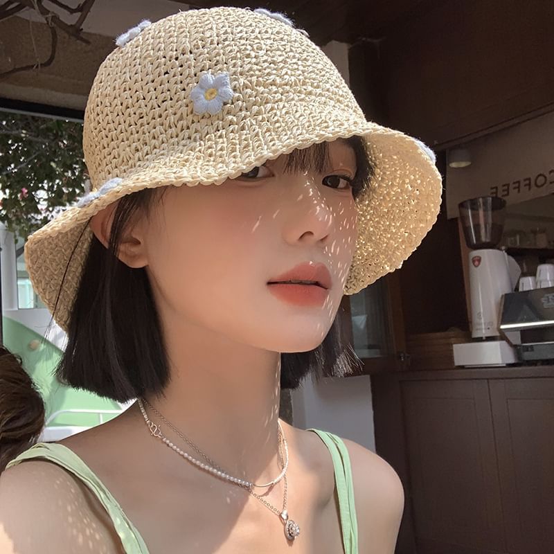 Straw Bucket Hat Flower