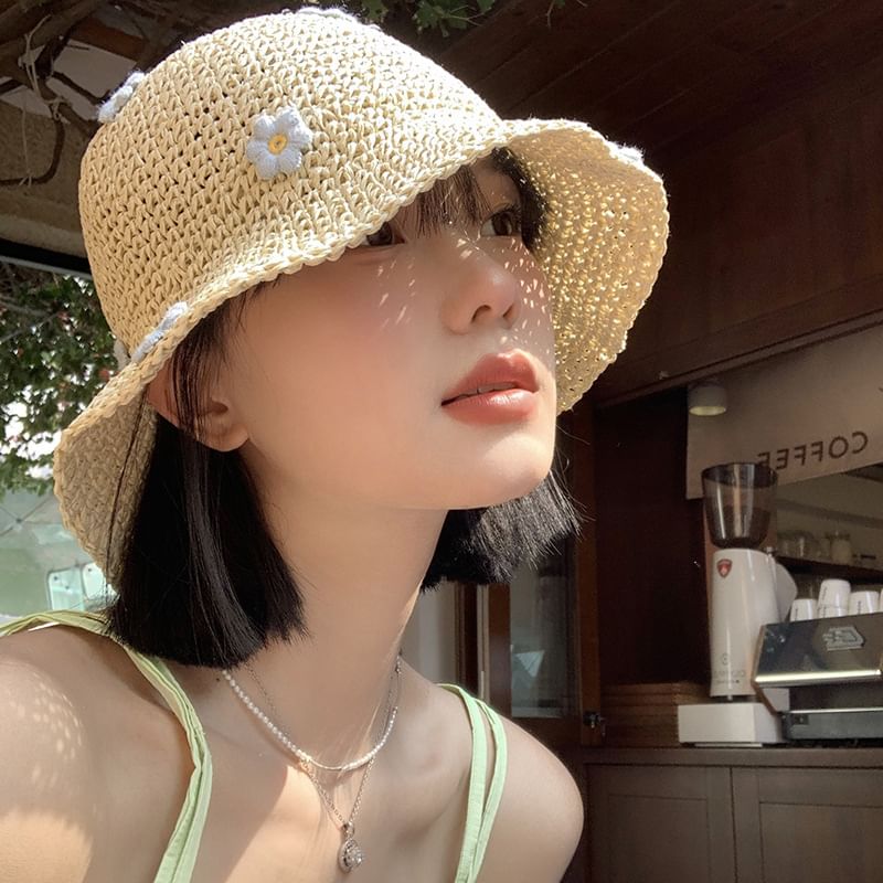 Straw Bucket Hat Flower