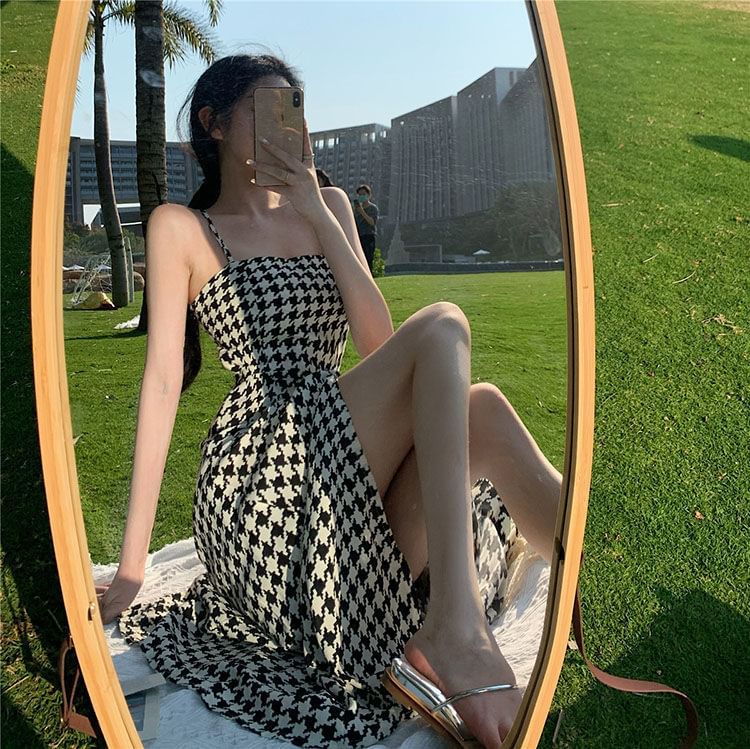 Spaghetti Strap Slit Maxi A-Line Houndstooth Dress