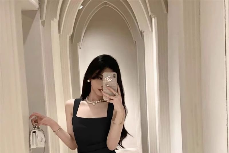 Sheath Midi Ruched Sleeveless Neck Plain Square Dress