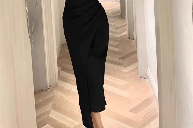 Sheath Midi Ruched Sleeveless Neck Plain Square Dress
