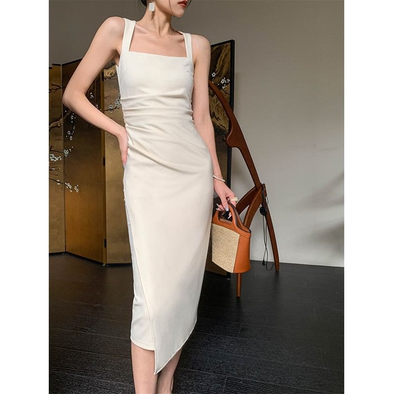 Sheath Midi Ruched Sleeveless Neck Plain Square Dress