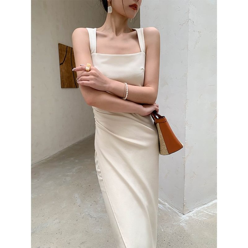 Sheath Midi Ruched Sleeveless Neck Plain Square Dress