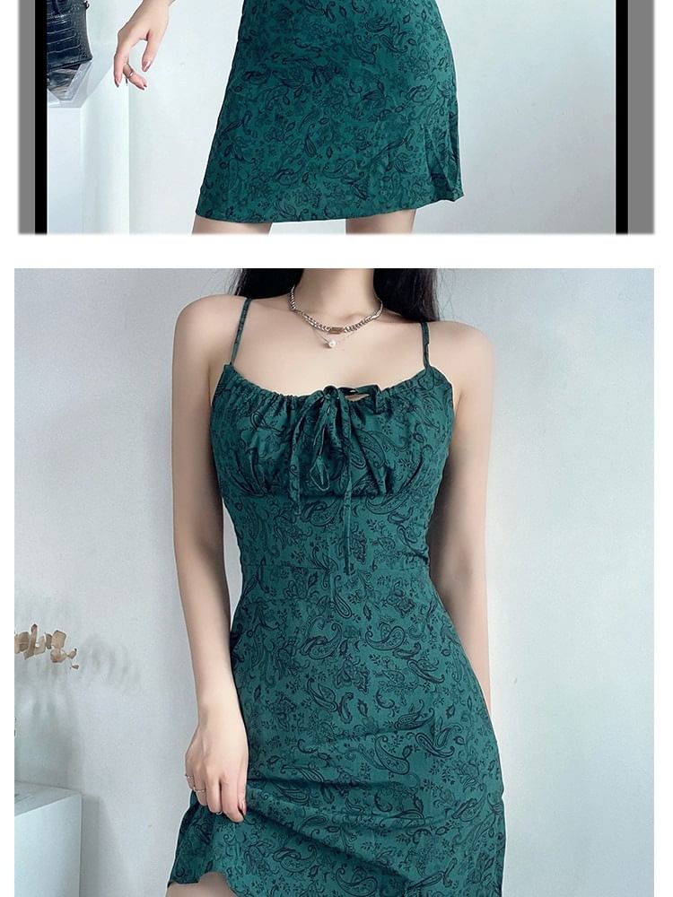 Front Spaghetti Tie Print Mini Floral Dress A-Line Strap