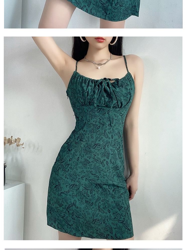 Front Spaghetti Tie Print Mini Floral Dress A-Line Strap