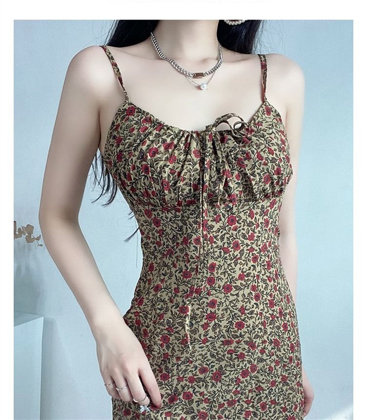 Front Spaghetti Tie Print Mini Floral Dress A-Line Strap