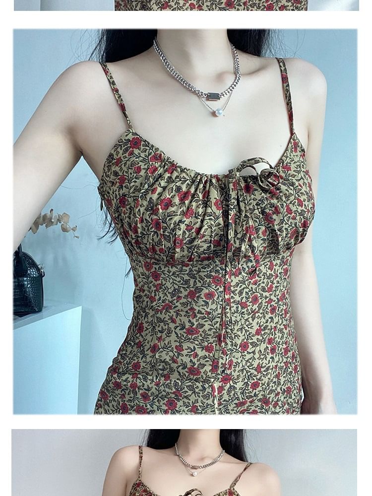 Front Spaghetti Tie Print Mini Floral Dress A-Line Strap