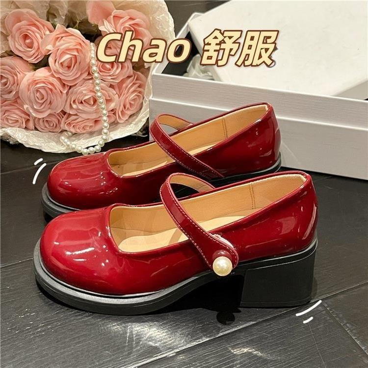Heel Mary Pearl Jane Block Faux Shoes Patent
