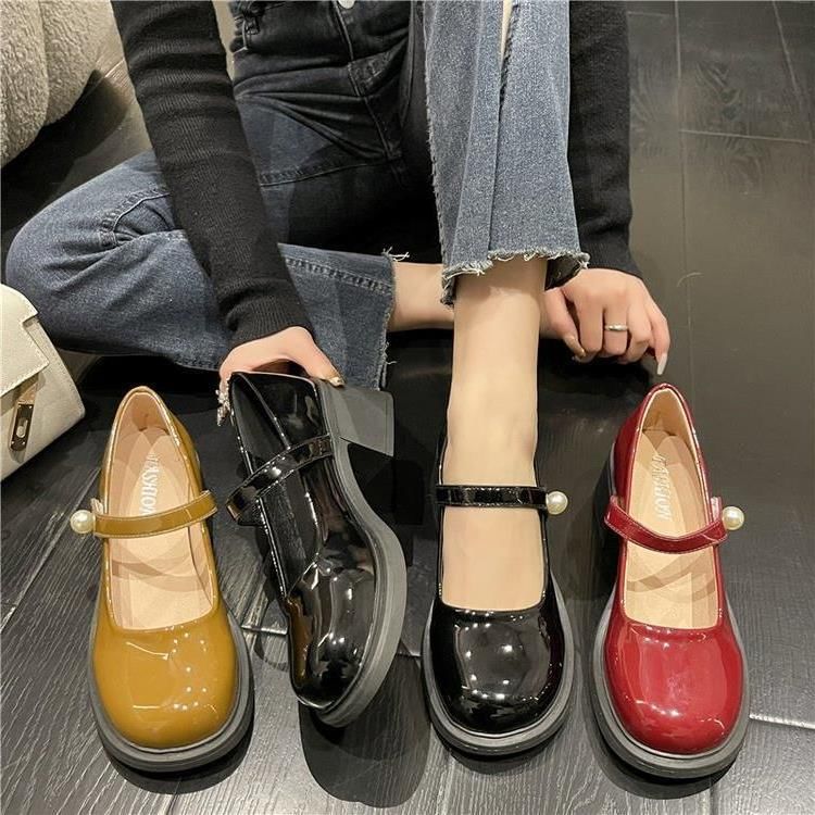 Heel Mary Pearl Jane Block Faux Shoes Patent