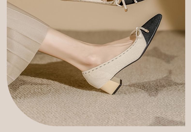 Pumps Pointed Heel Bow Block Fabric