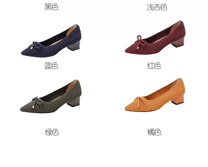 Pumps Pointed Heel Bow Block Fabric