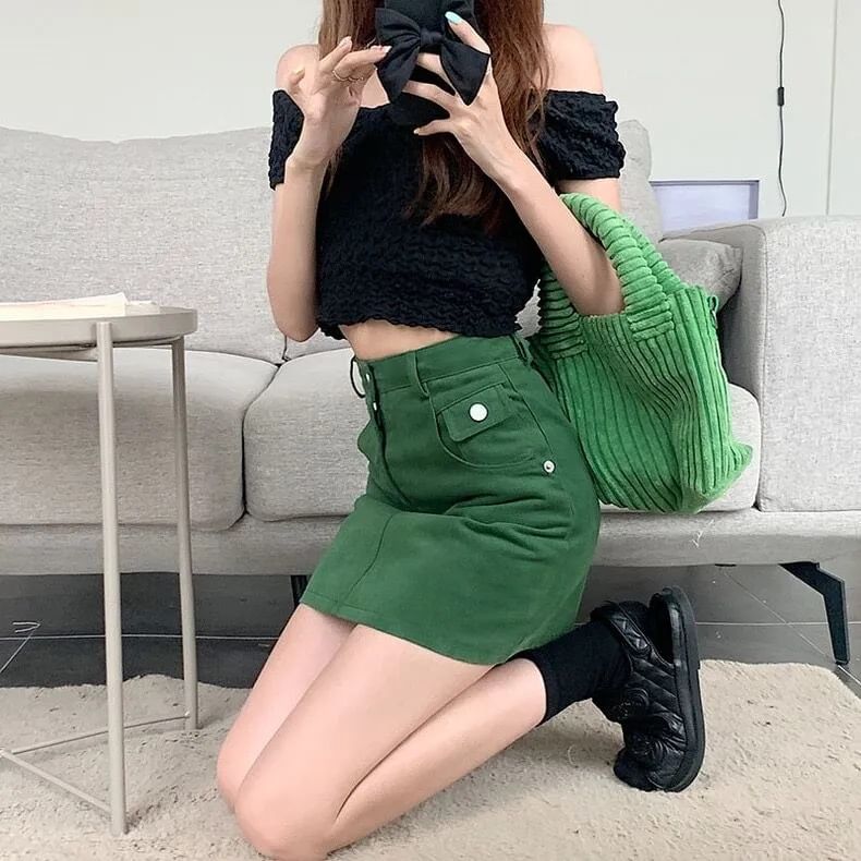 High A-Line Plain Skirt Mini Denim Waist