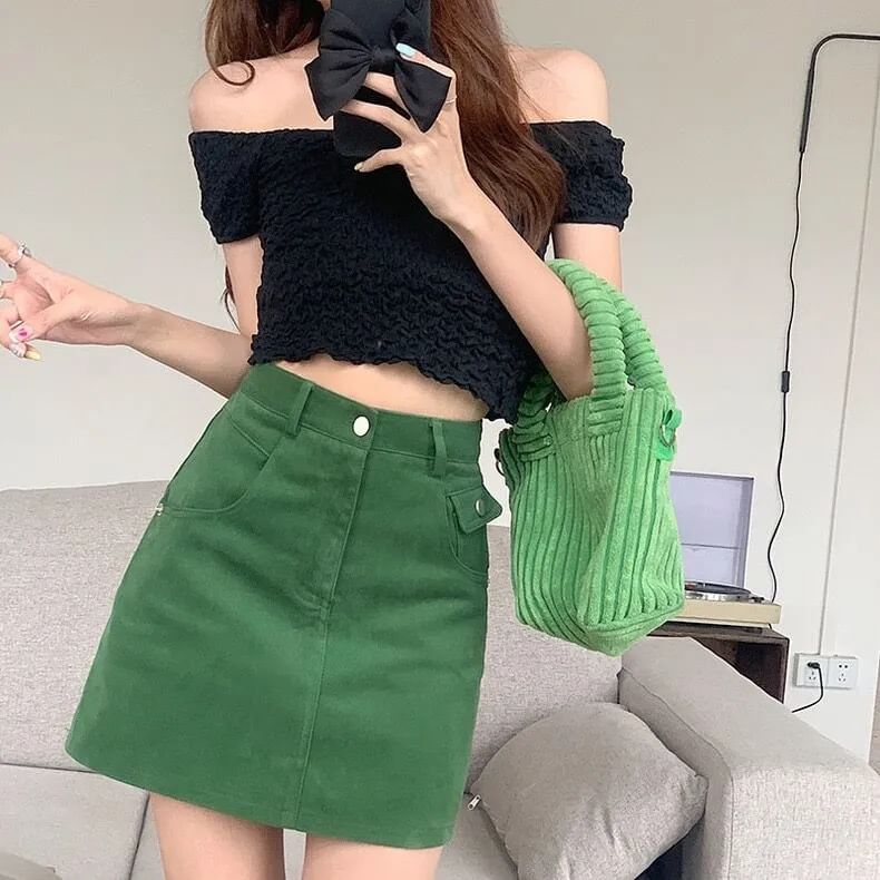 High A-Line Plain Skirt Mini Denim Waist