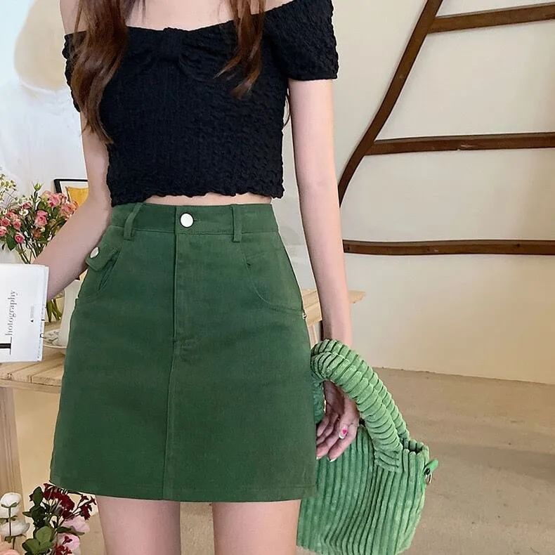 High A-Line Plain Skirt Mini Denim Waist