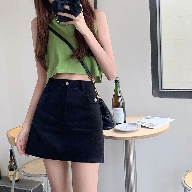 High A-Line Plain Skirt Mini Denim Waist