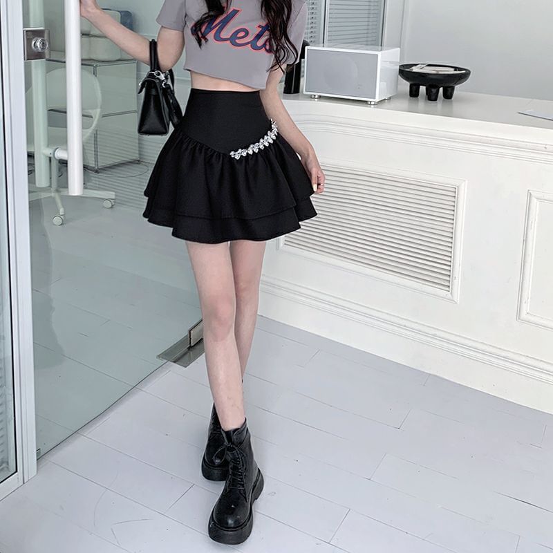 A-Line Rise Plain High Rhinestone Skirt Mini