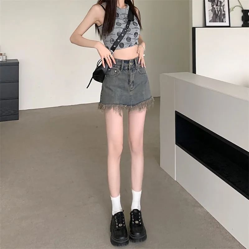 Pencil Fringed Denim Mini Skirt Hem High Waist