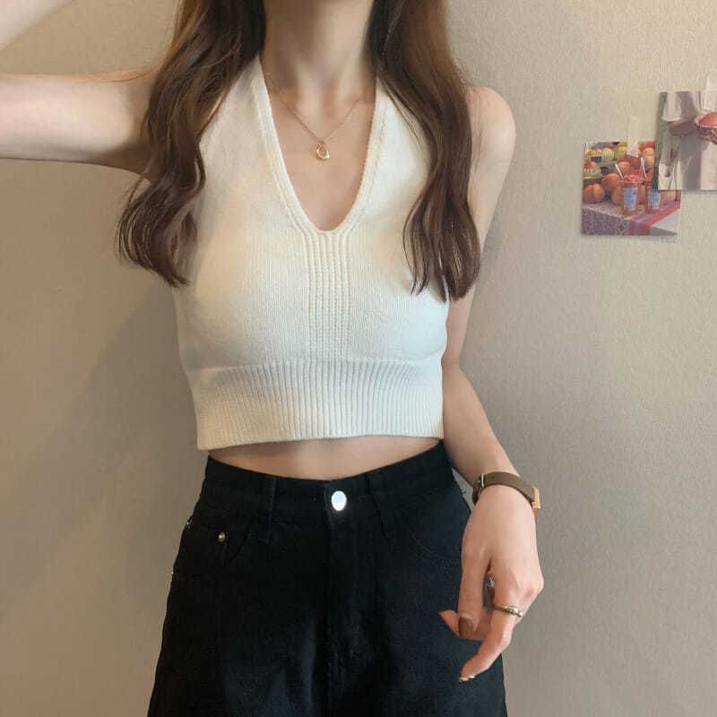 Knit Top V-Neck Halter Cropped Plain