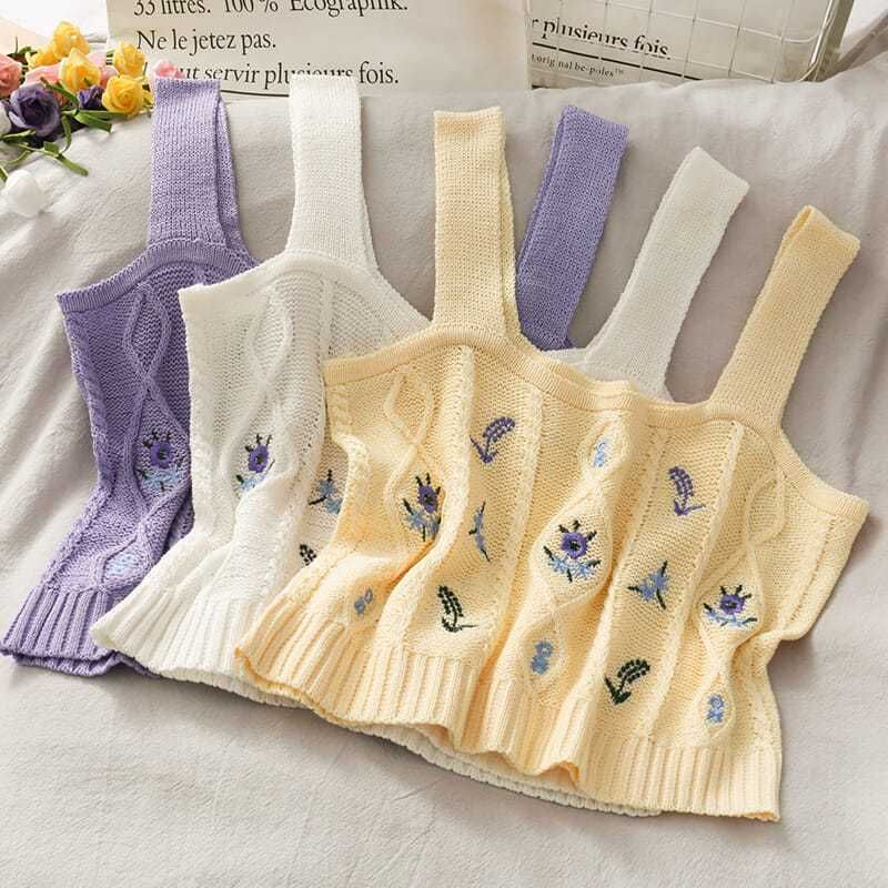 Cropped Knit Embroidered Flower Camisole Top