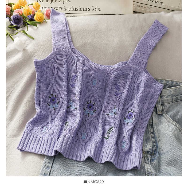 Cropped Knit Embroidered Flower Camisole Top